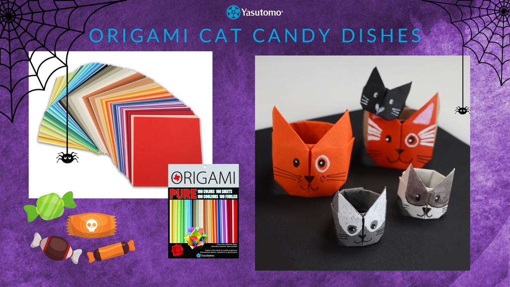 origami papers fanned out and an assortment of origami cat dishes